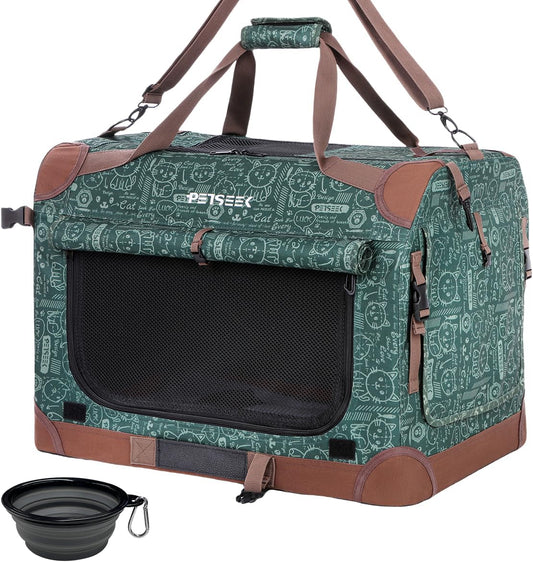 Extra Large Soft-Sided Cat Carrier and Portable Small Dog Carrier for Two Cats, 24" x 16.5" x 16", Comfortable Folding Design for Car Travel, Green