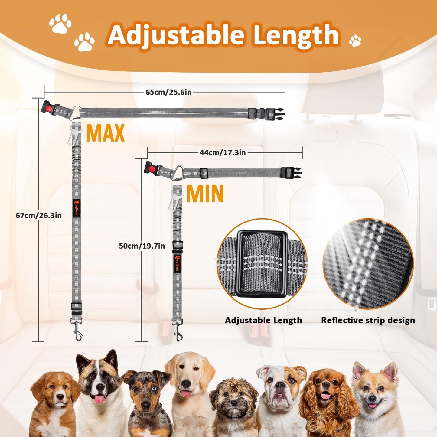 Removable 3-in-1 Dog Seat Belt Harness for Cars - Adjustable Reflective Bungee Tether with Retractable Restraint for Vehicle Headrest, Grey