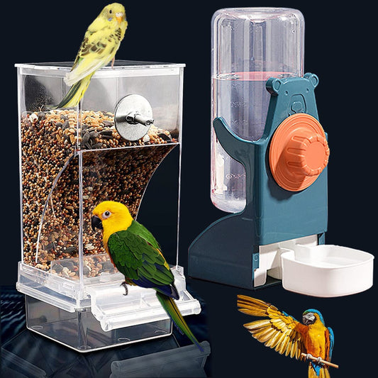 Automatic Bird Feeder and Water Dispenser Set for Parrots and Small Birds, Clear Seed Container and Drinker for Cages (Blue)