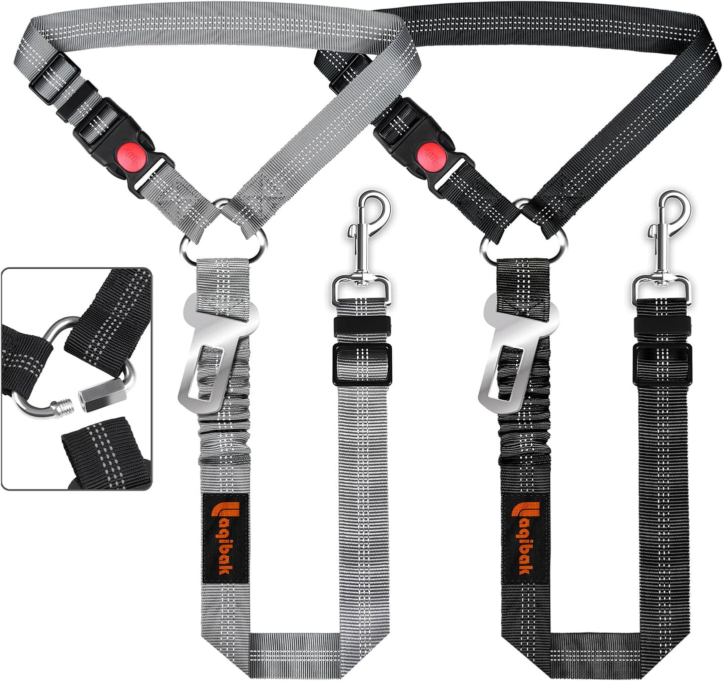 Removable 3-in-1 Dog Seat Belt Harness for Cars - Adjustable Reflective Bungee Tether with Retractable Restraint for Vehicle Headrest, Grey