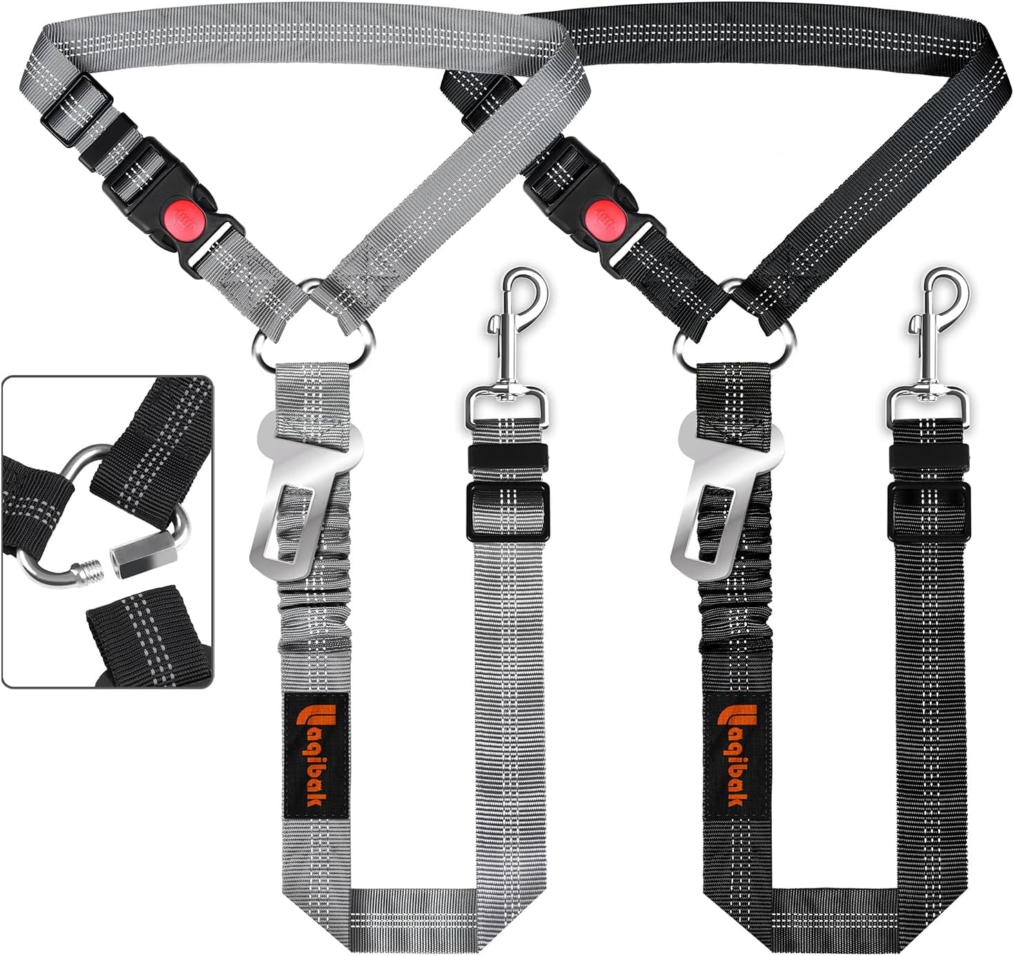 Removable 3-in-1 Dog Seat Belt Harness for Cars - Adjustable Reflective Bungee Tether with Retractable Restraint for Vehicle Headrest, Grey