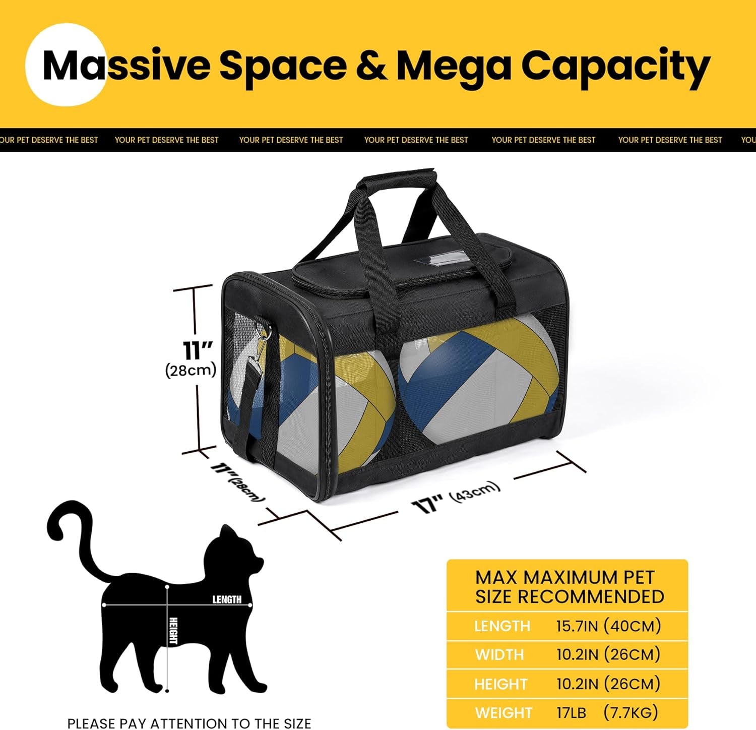 Airline-Approved Soft-Sided Cat and Dog Carrier with Safety Leash for Pets Up to 15 lbs - Collapsible Travel Bag in Black