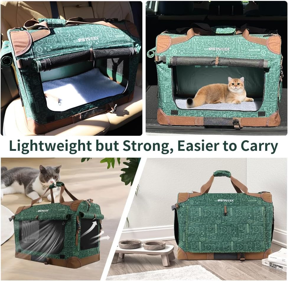 Extra Large Soft-Sided Cat Carrier and Portable Small Dog Carrier for Two Cats, 24" x 16.5" x 16", Comfortable Folding Design for Car Travel, Green