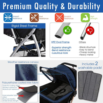 Pet Rover Premium Heavy-Duty Stroller for Dogs and Cats with Convertible Compartment, Zipperless Entry, Reversible Handle, and Pump-Free Rubber Tires - Midnight Blue