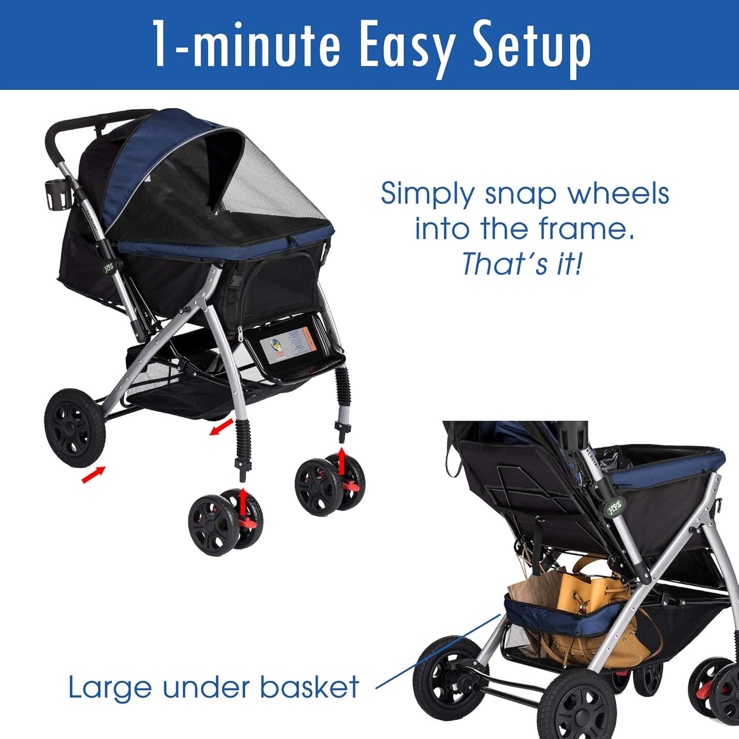 Pet Rover Premium Heavy-Duty Stroller for Dogs and Cats with Convertible Compartment, Zipperless Entry, Reversible Handle, and Pump-Free Rubber Tires - Midnight Blue