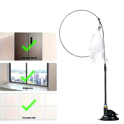 Interactive Cat Teaser Toy with Bell and Feather Wand - Extended Suction Cup Pole for Engaging Playtime Activities
