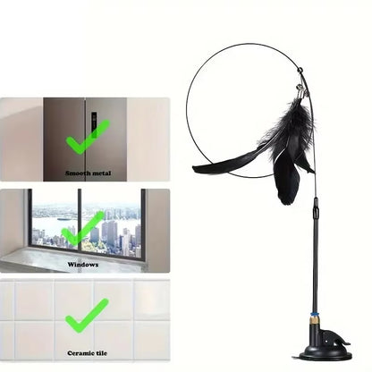 Interactive Cat Teaser Toy with Bell and Feather Wand - Extended Suction Cup Pole for Engaging Playtime Activities