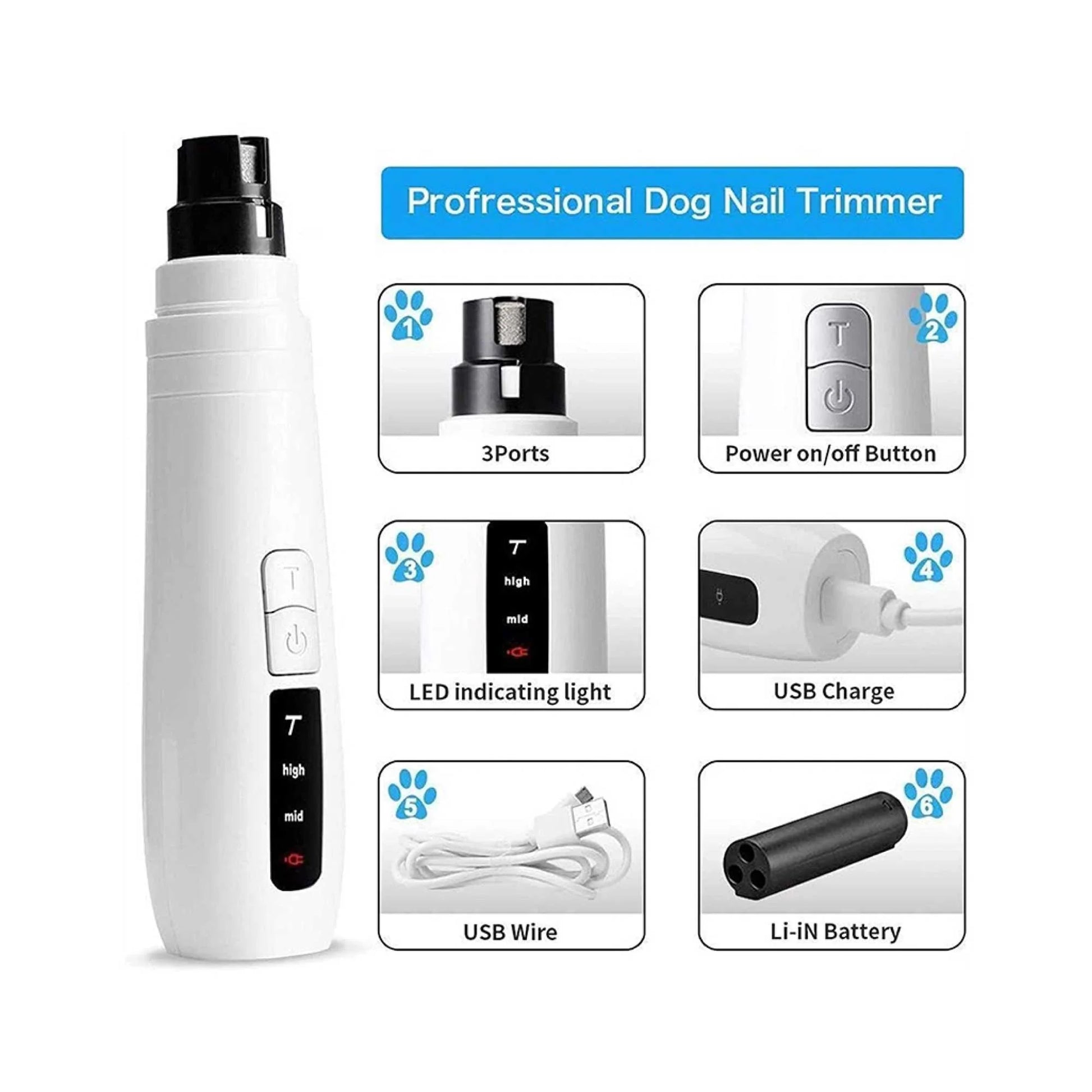 Electric Pet Nail Grinder for Dogs and Cats - Turbo USB Rechargeable Claw File N9